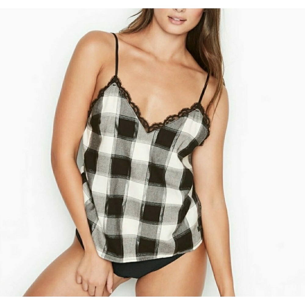 Victoria's Secret Buffalo Plaid Lace Trim Cami Sleep Top Black White Small